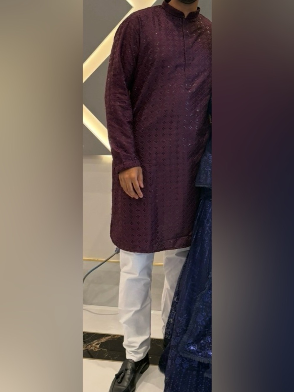 Men’s Kurta — Deep Plum and White Pants